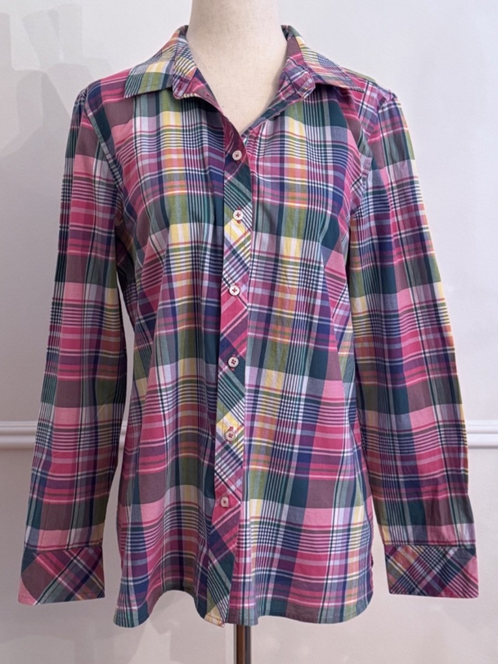 Talbots Petite Pink Teal Navy Madras Plaid Button Down Shirt MP